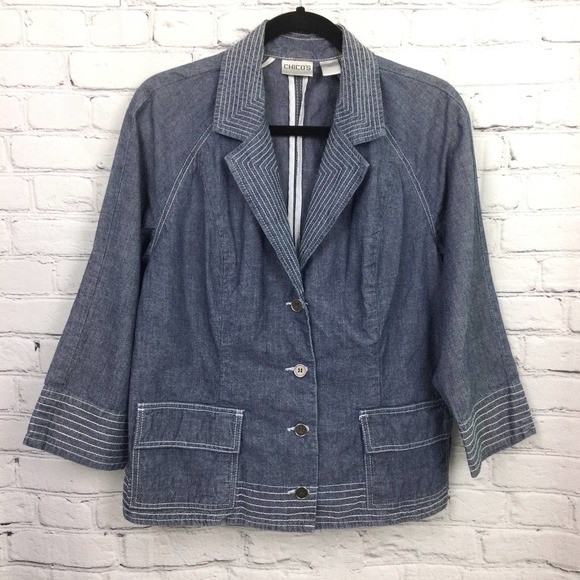 Chico’s Women’s Chambray White Stitch Notch Collar Flap Front Pocket Blazer 2 - Picture 11 of 11